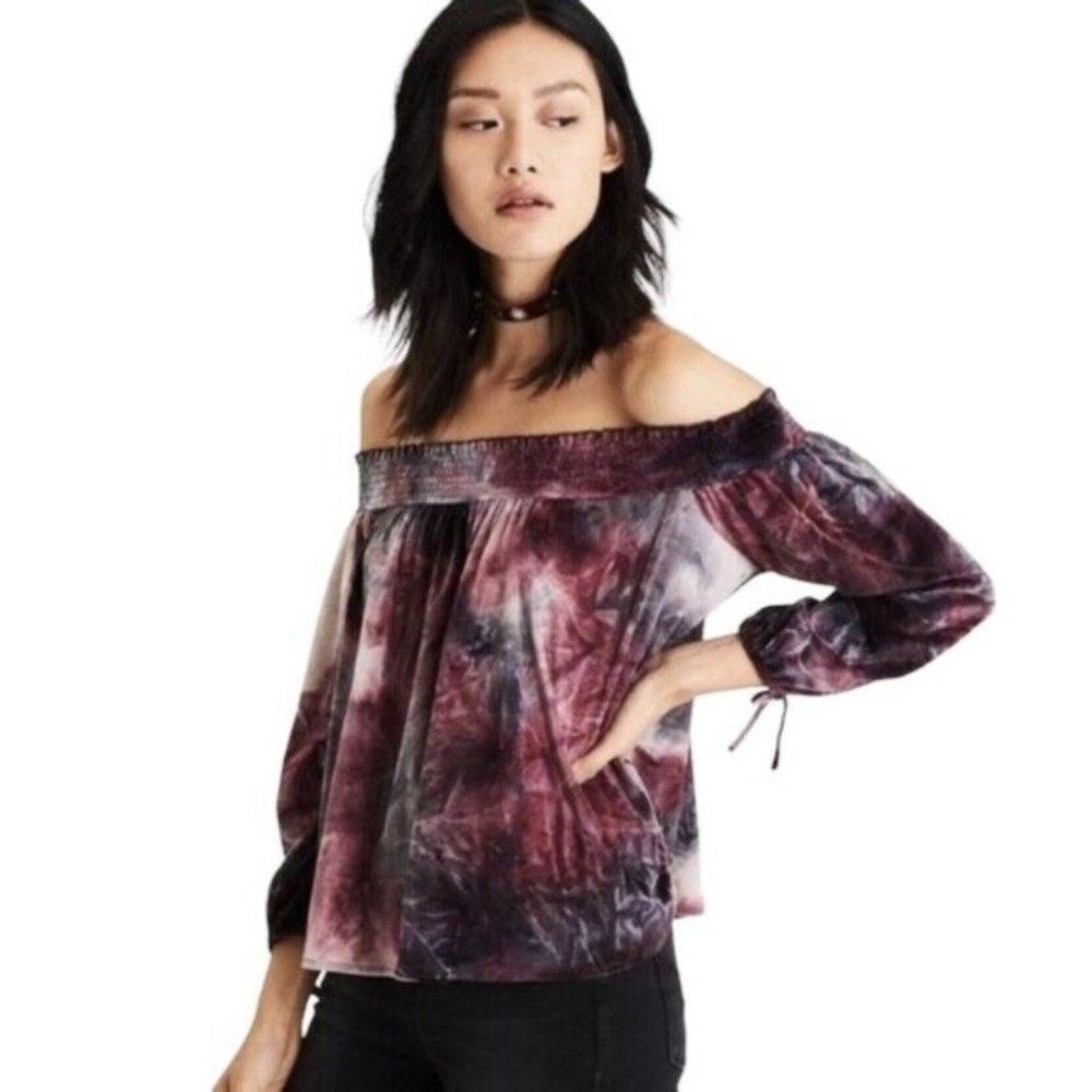 American Eagle Off The Shoulder Top (Size Small) Crushed Velvet Tie Dye Blouse
